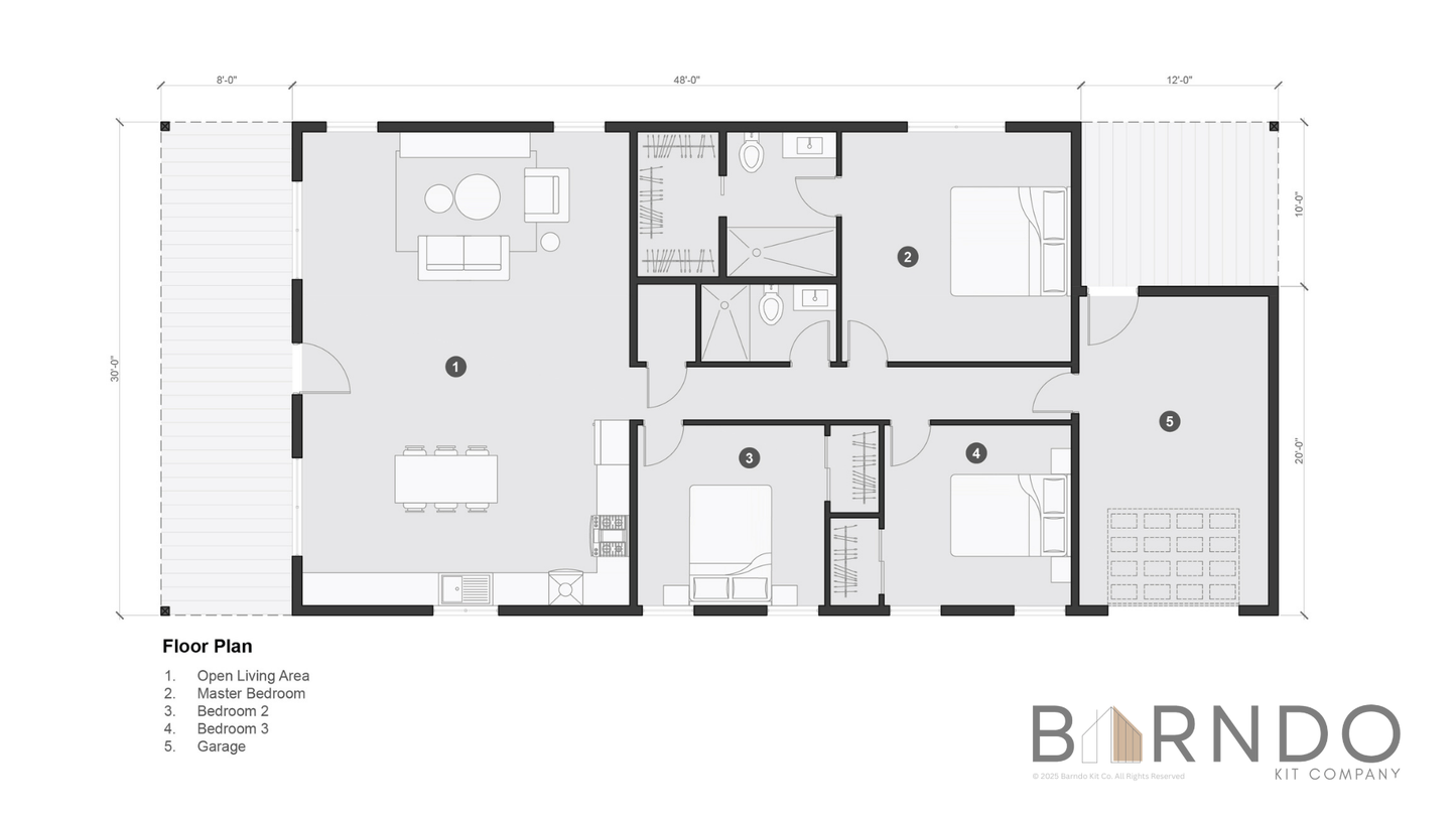 This image shows the first floor of a barndominium plan.