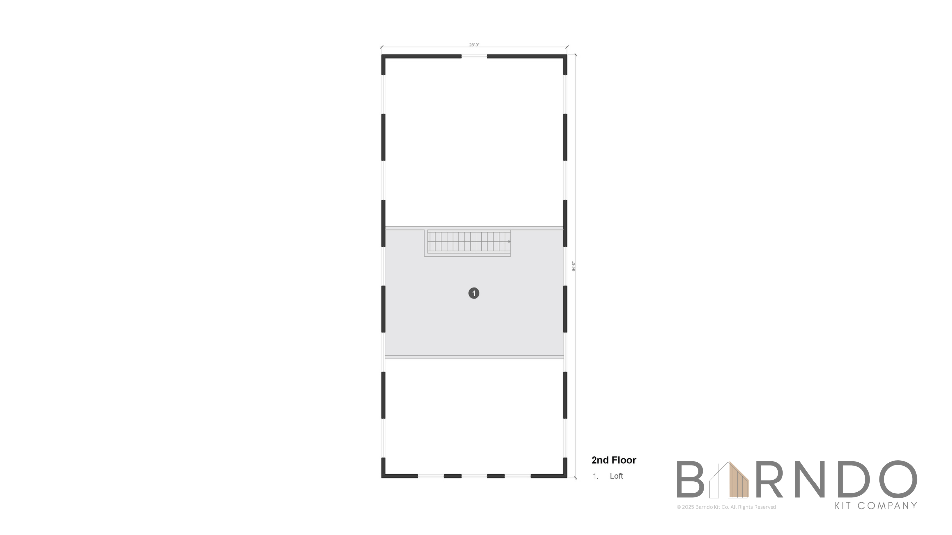 This image shows the second floor of a barndominium plan.