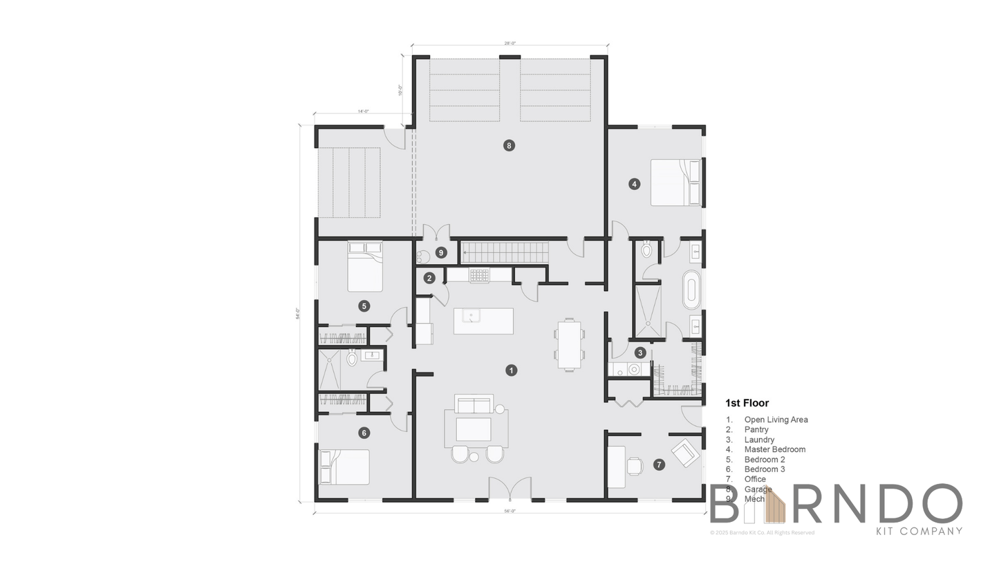 This image shows the first floor of a barndominium plan.