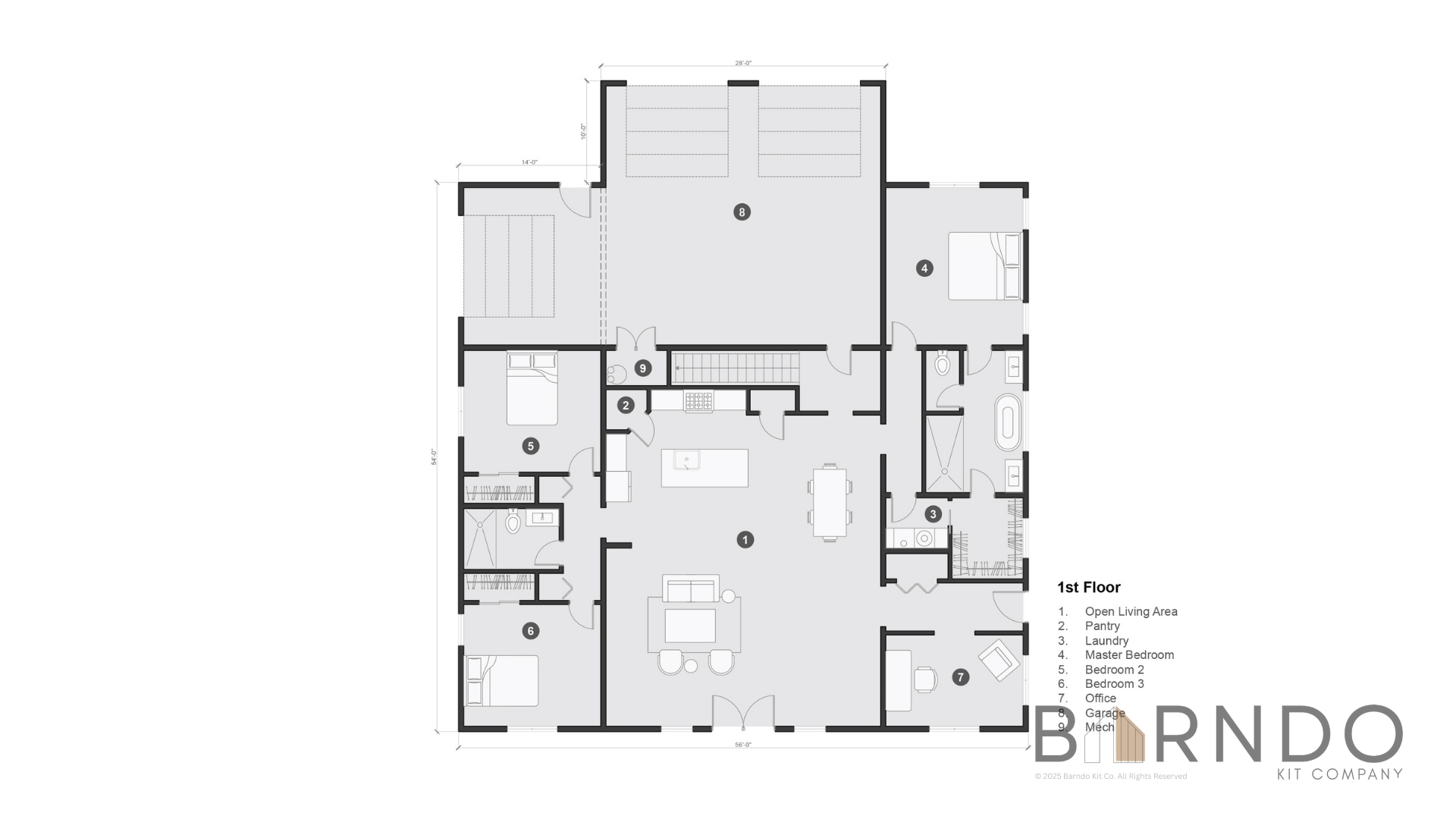 This image shows the first floor of a barndominium plan.