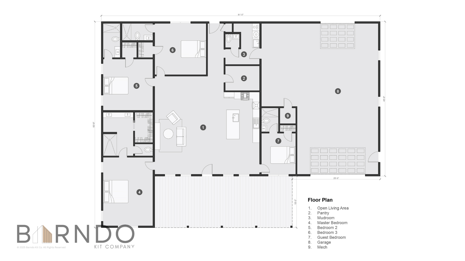 This image shows the first floor of a barndominium plan.