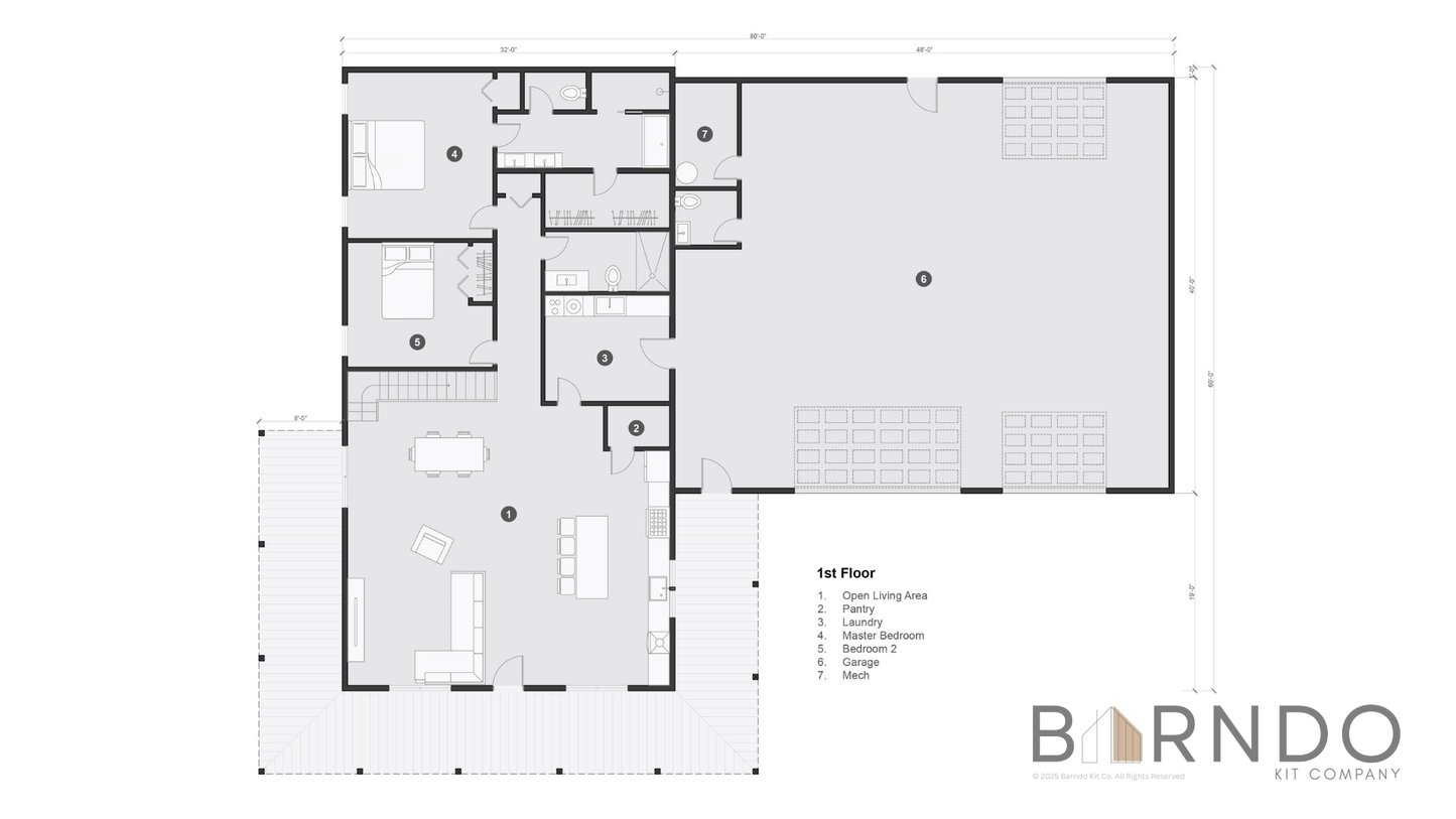This image shows the first floor of a barndominium plan.