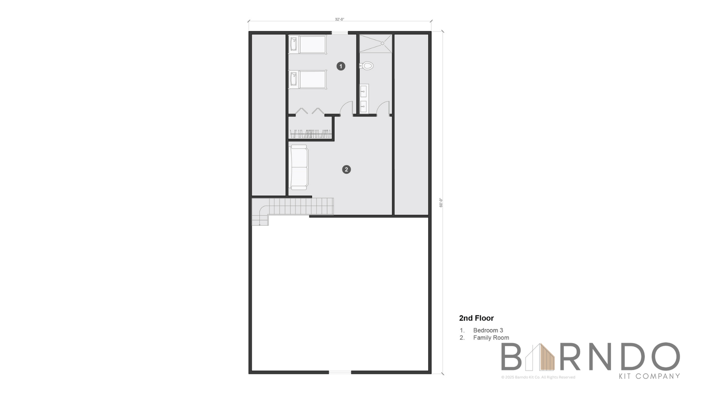 This image shows the second floor of a barndominium plan.