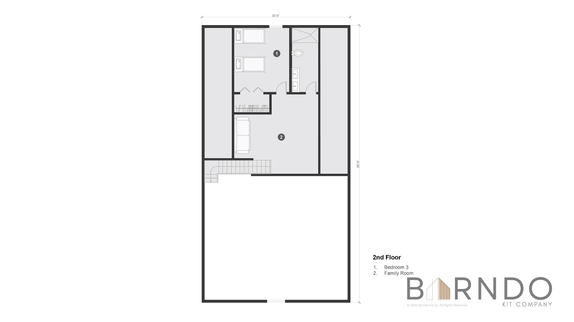This image shows the second floor of a barndominium plan.