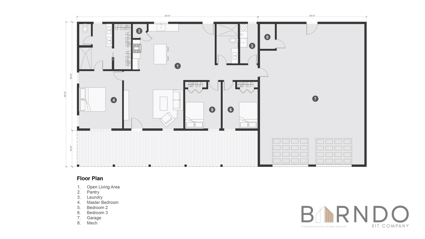 This image shows the first floor of a barndominium plan.