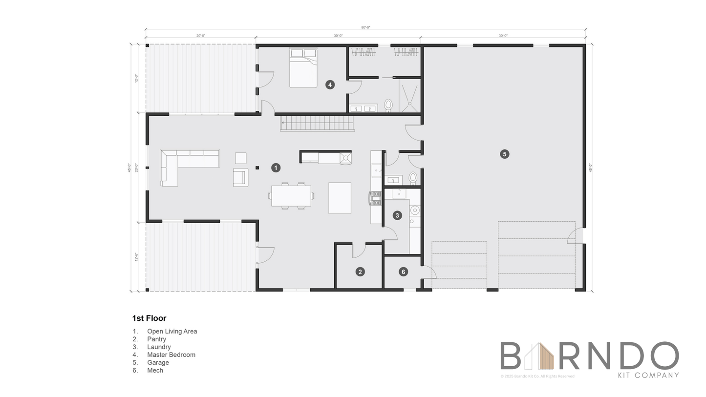This image shows the first floor of a barndominium plan.