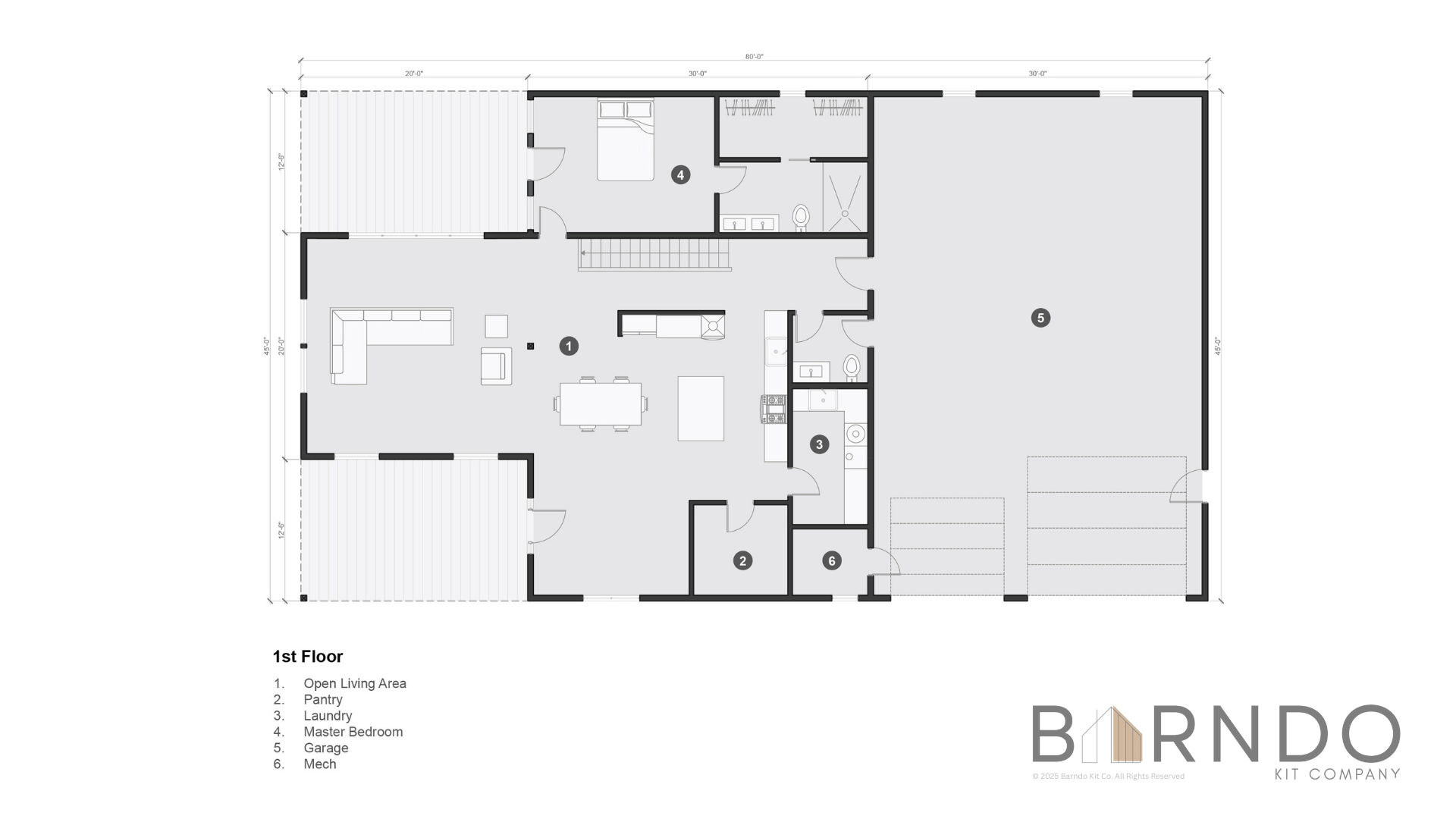 This image shows the first floor of a barndominium plan.