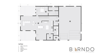 This image shows the first floor of a barndominium plan.