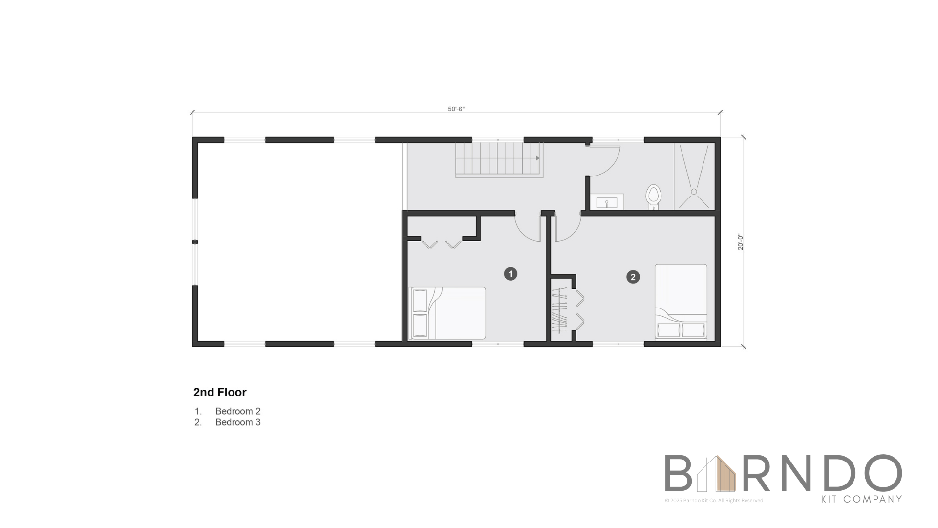 This image shows the second floor of a barndominium plan.