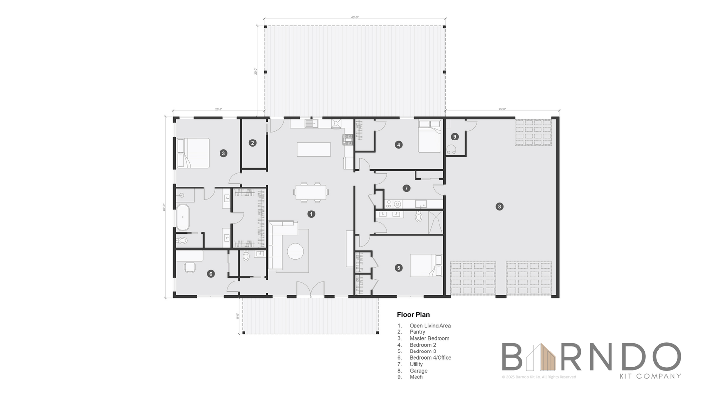 This image shows the first floor of a barndominium plan.