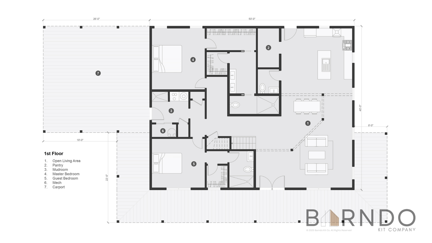 This image shows the first floor of a barndominium plan.