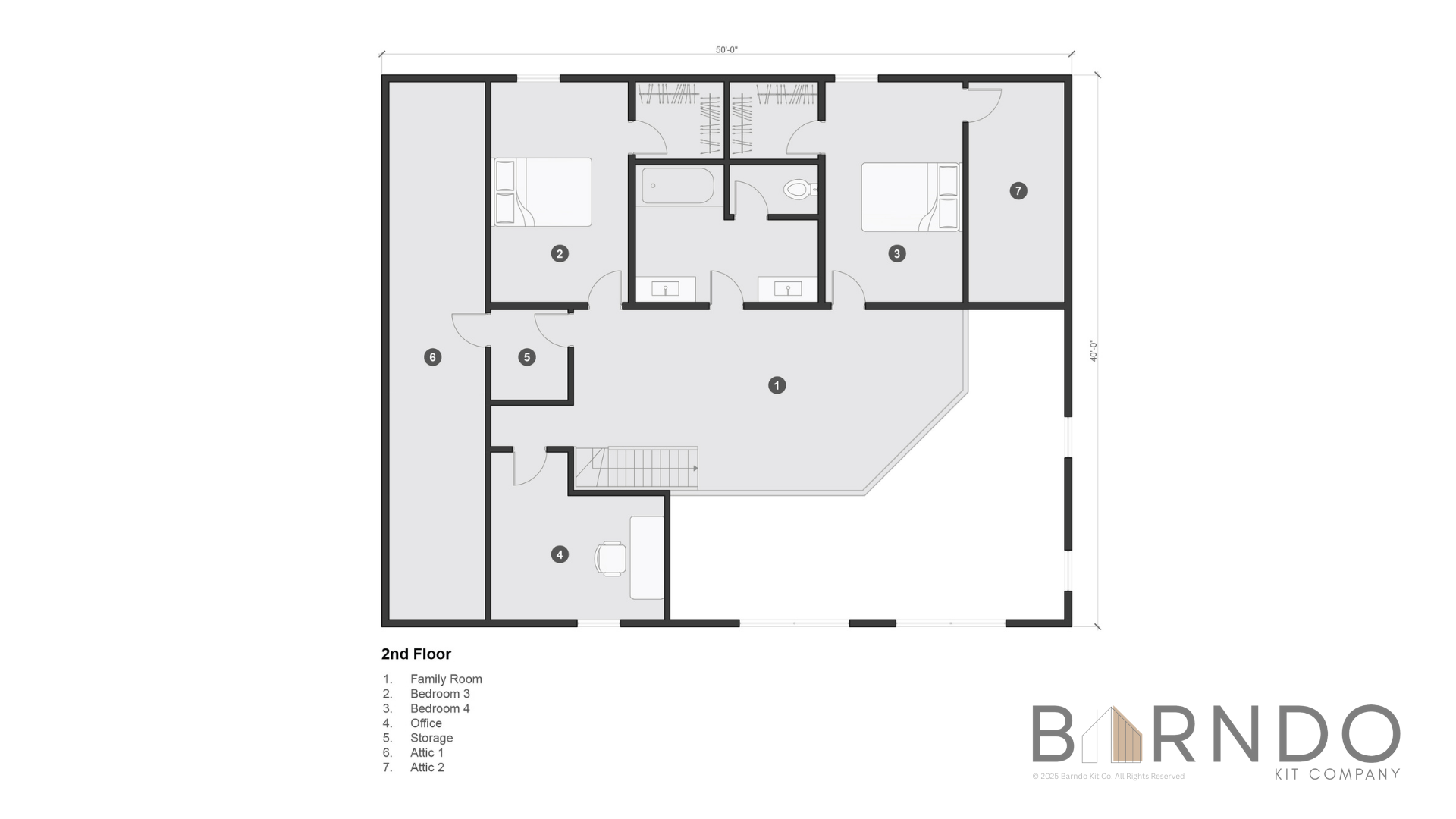 This image shows the second floor of a barndominium plan.