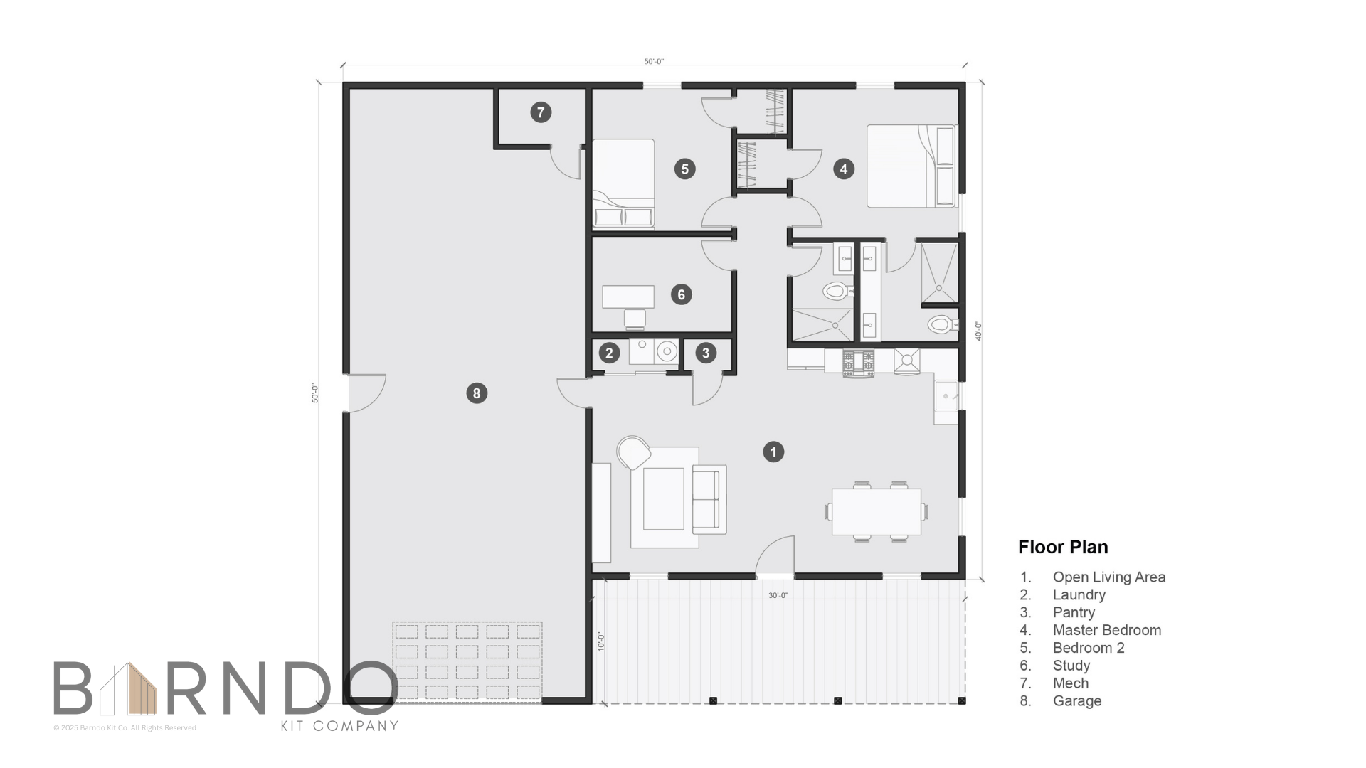 This image shows the first floor of a barndominium plan.