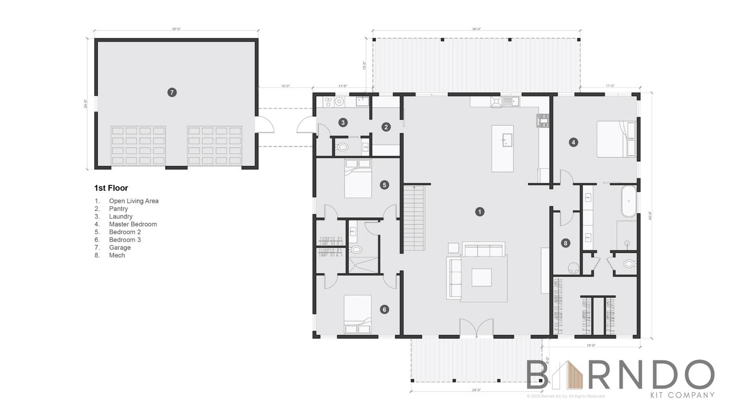This image shows the first floor of a barndominium plan.