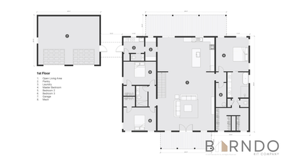 This image shows the first floor of a barndominium plan.
