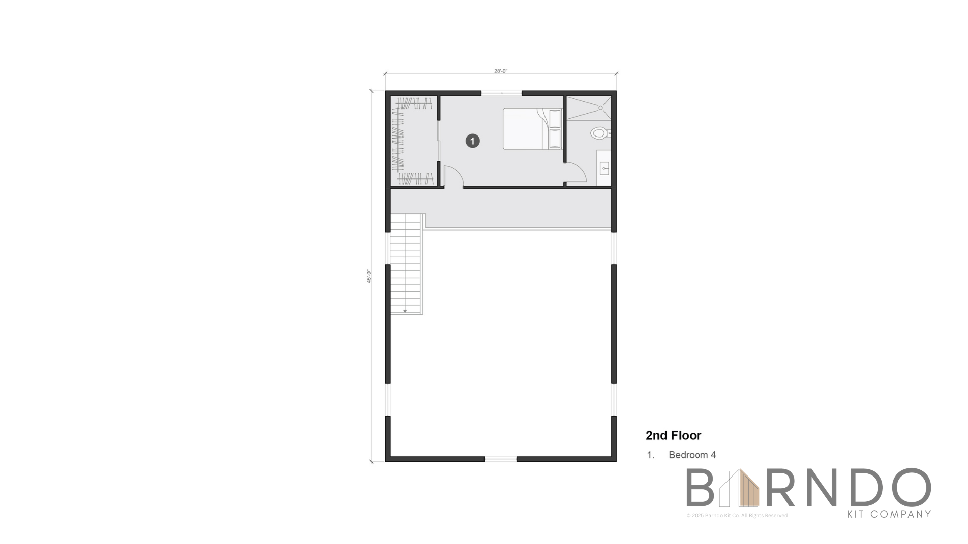 This image shows the second floor of a barndominium plan.