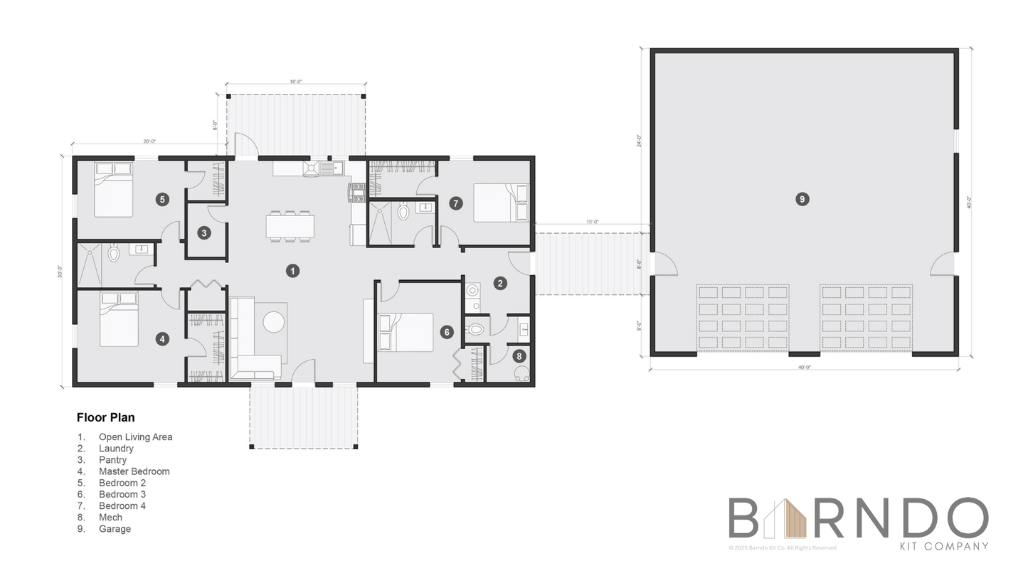 This image shows the first floor of a barndominium plan.
