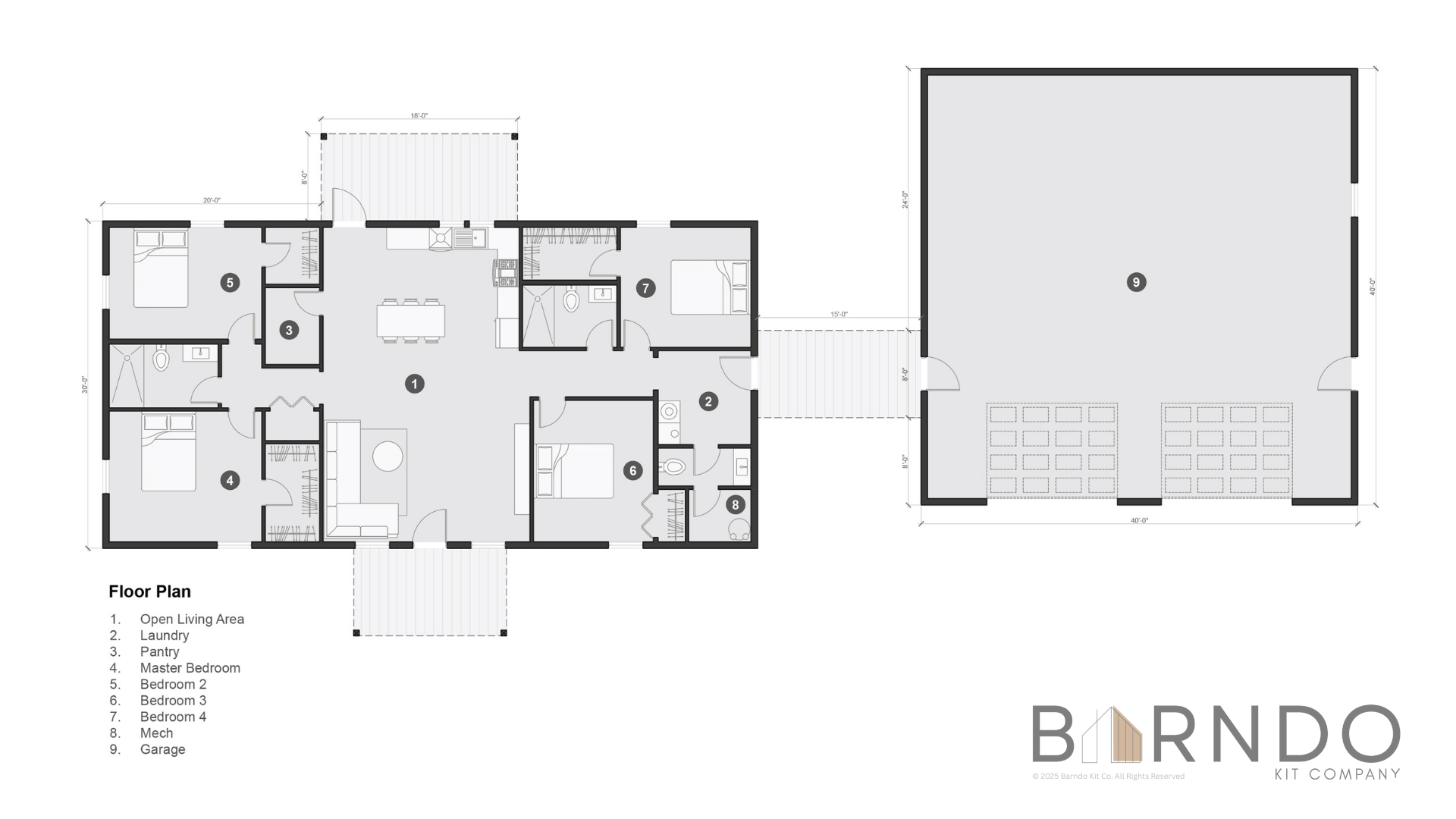 This image shows the first floor of a barndominium plan.