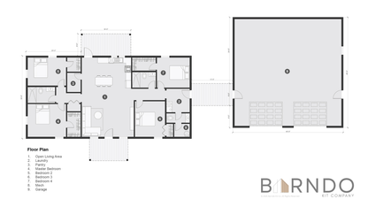 This image shows the first floor of a barndominium plan.