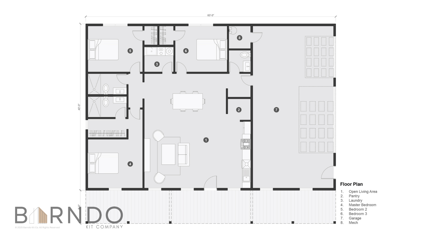 This image shows the first floor of a barndominium plan.