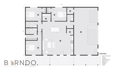 This image shows the first floor of a barndominium plan.