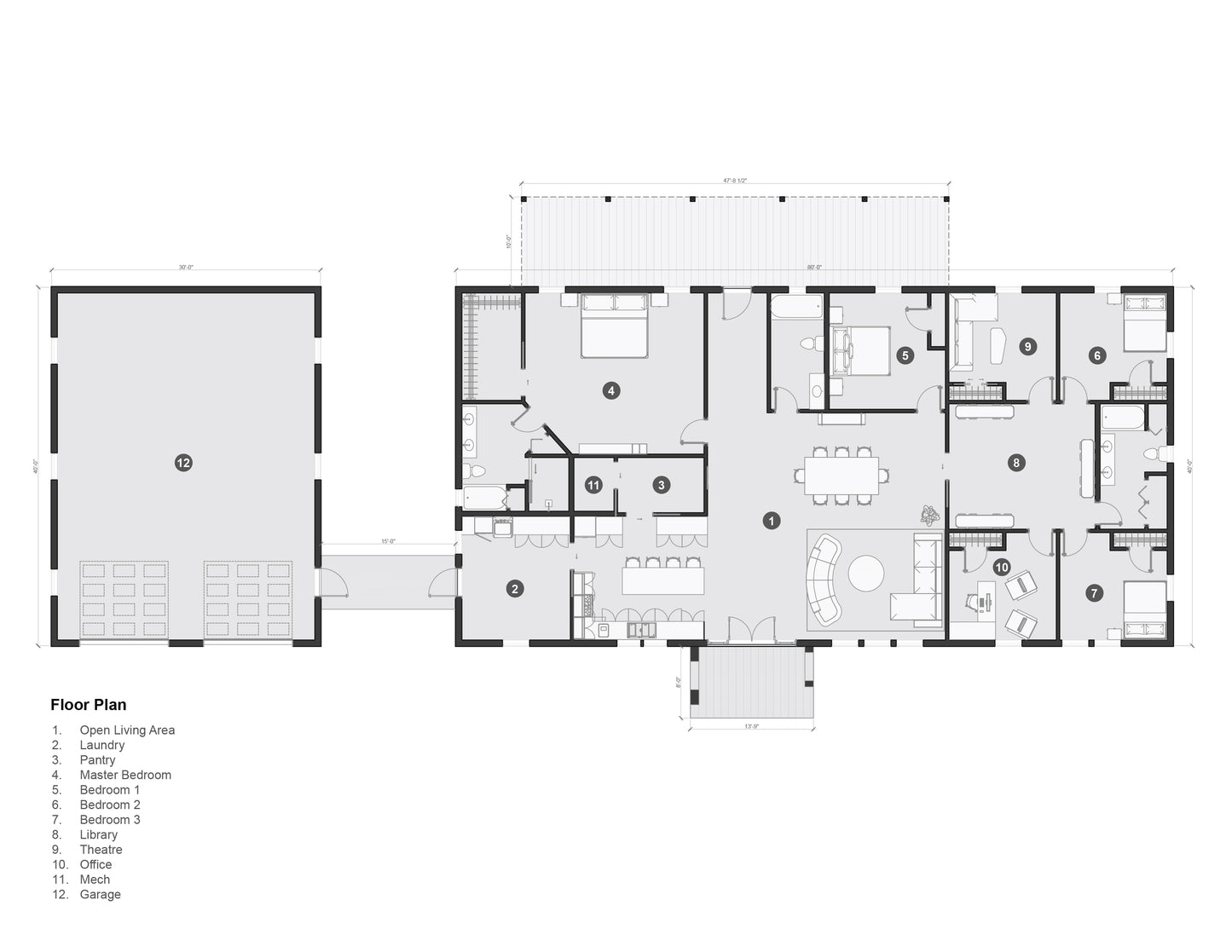 This image shows the first floor of a barndominium plan.