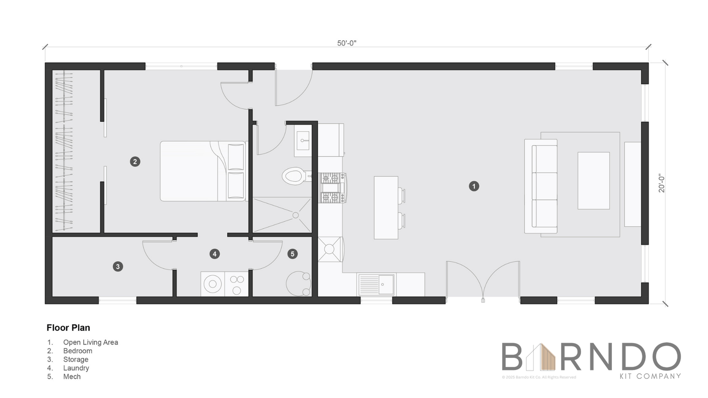 This image shows the first floor of a barndominium plan.