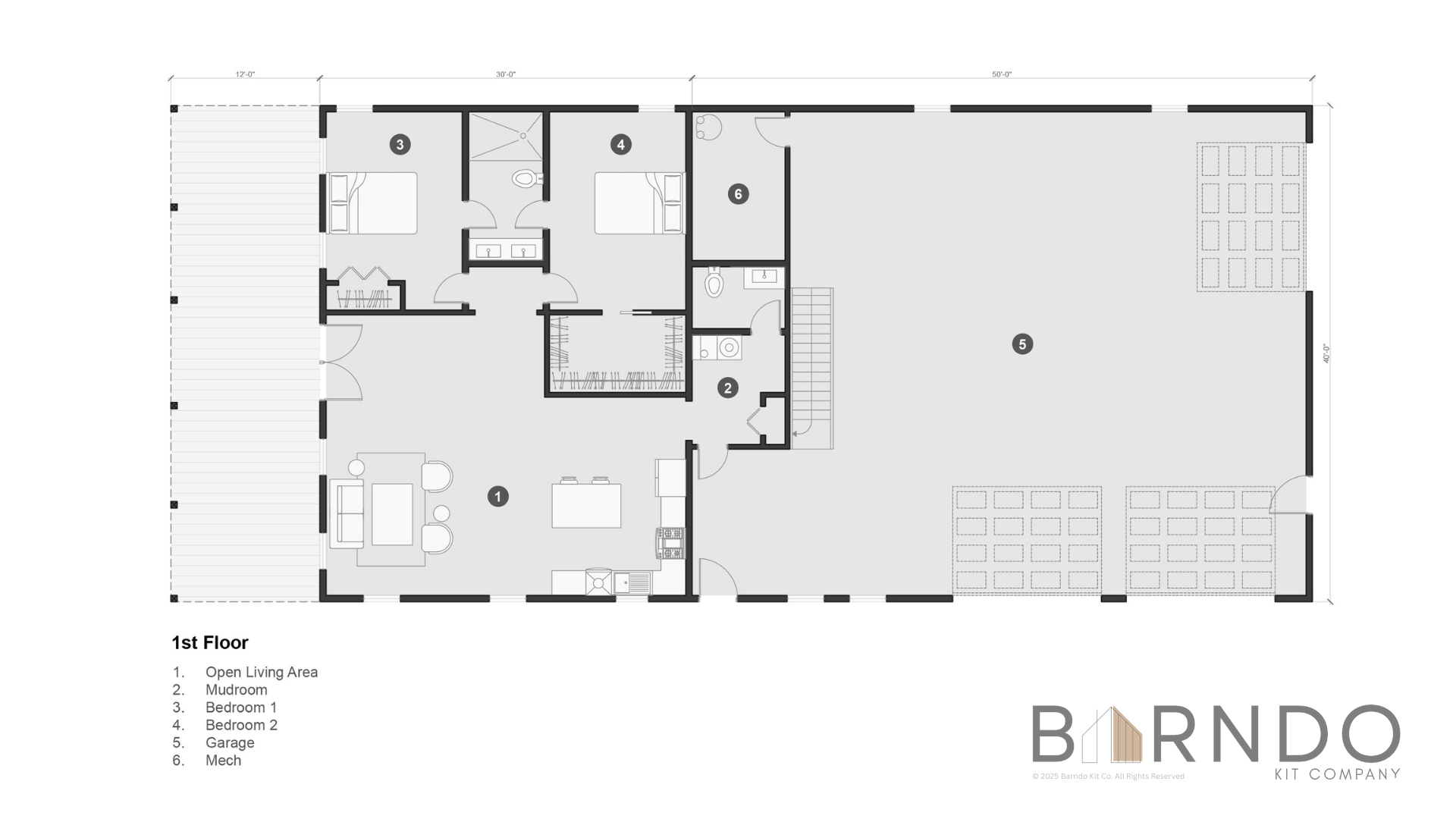 This image shows the first floor of a barndominium plan.