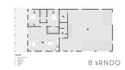 This image shows the first floor of a barndominium plan.