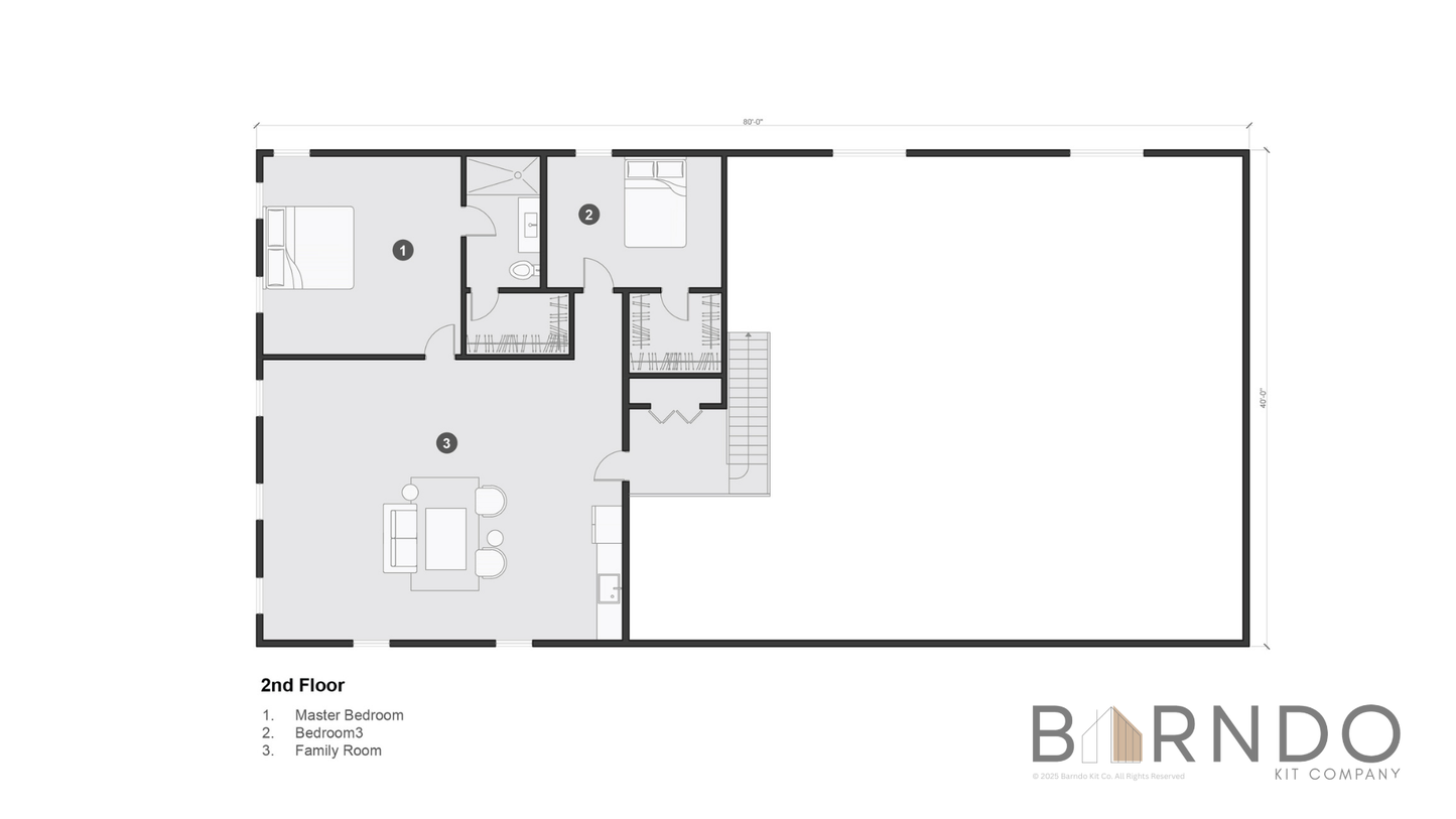 This image shows the second floor of a barndominium plan.