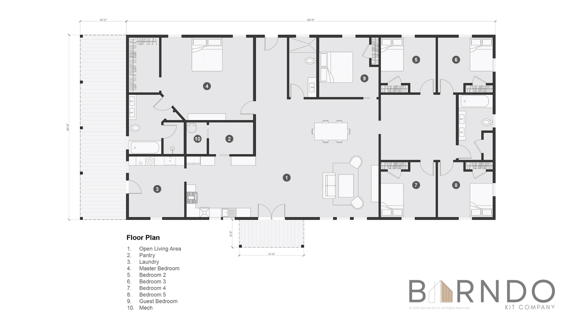 This image shows the first floor of a barndominium plan.