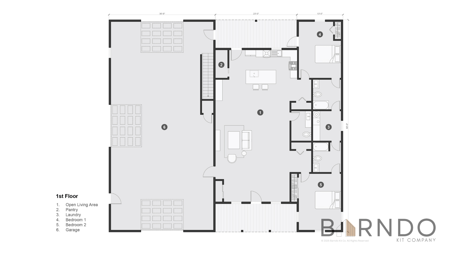 This image shows the first floor of a barndominium plan.