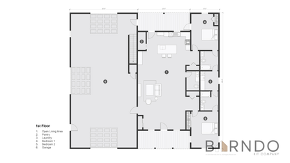 This image shows the first floor of a barndominium plan.