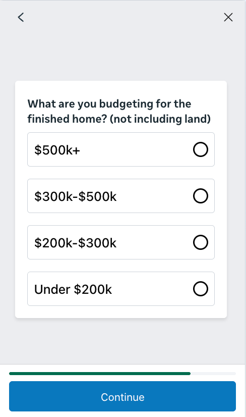 Meta Instant Form asking the customer for a finished-home budget