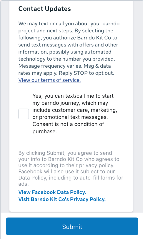 Meta Instant Form Contact Updates screen with an unchecked consent checkbox and Submit button